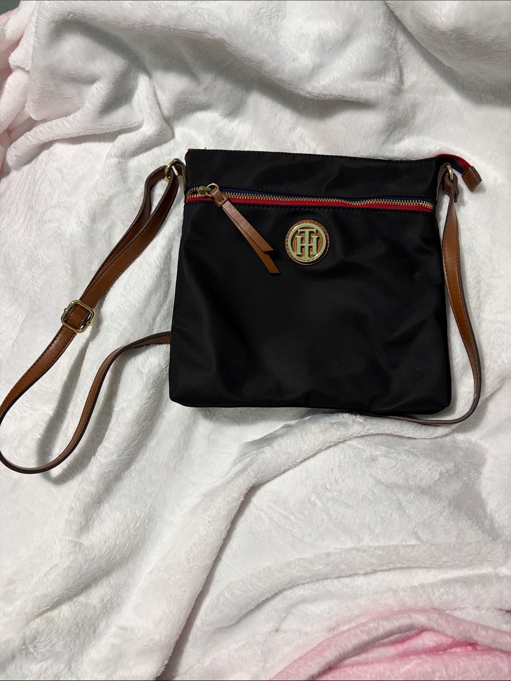 Tommy Hilfiger Black Crossbody Bag with Brown Strap and Red Trim